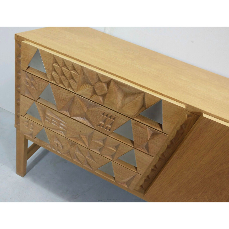 Vintage oak sideboard with carved cubic pattern - 1970s