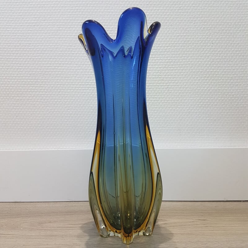 Vintage Blue & gold colored Sommerso Murano glass vase by Flavio Poli for Seguso, 1950s