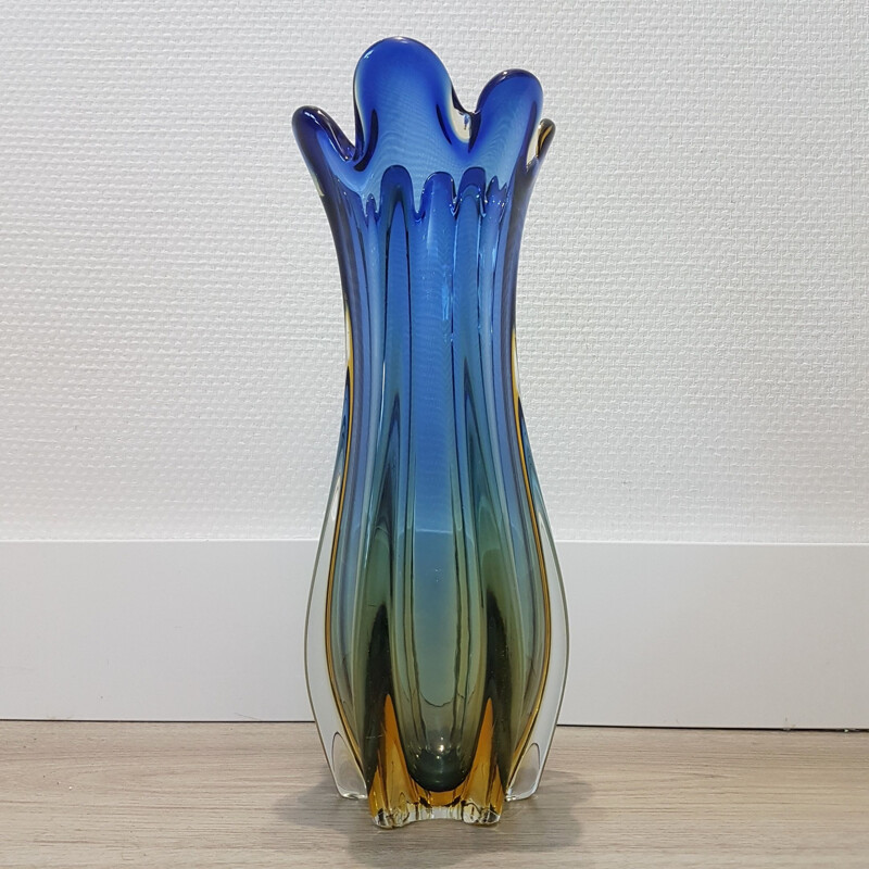 Vintage Blue & gold colored Sommerso Murano glass vase by Flavio Poli for Seguso, 1950s