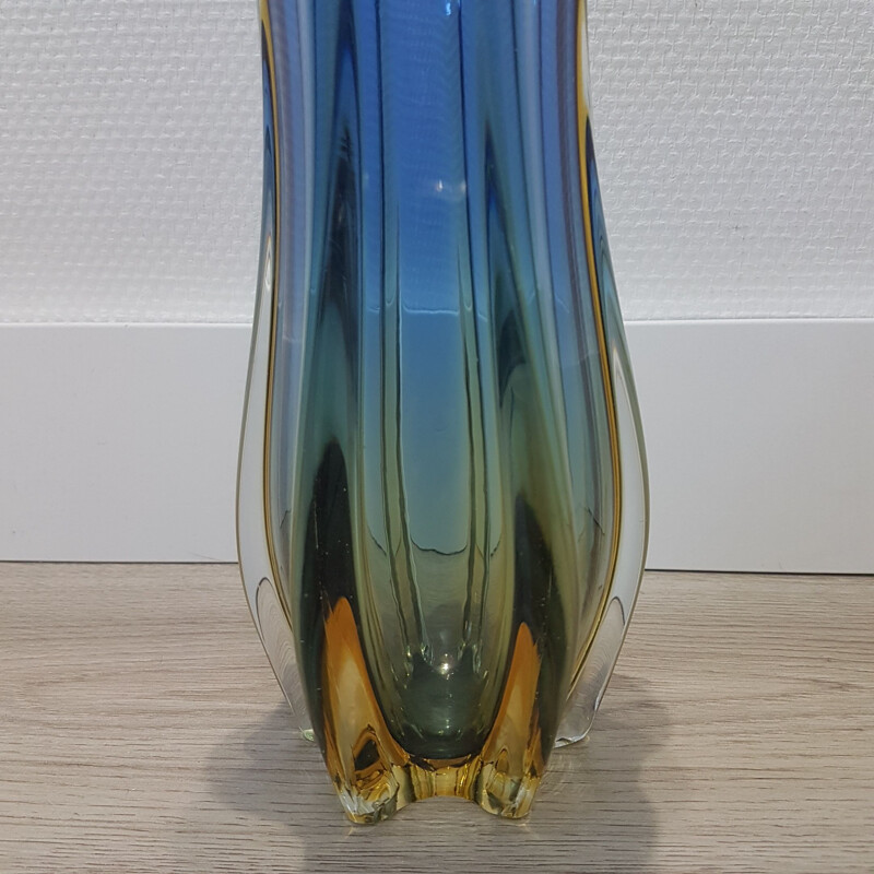 Vintage Blue & gold colored Sommerso Murano glass vase by Flavio Poli for Seguso, 1950s