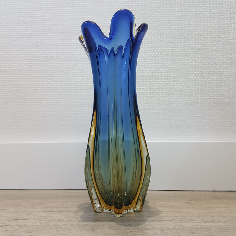 Vintage Blue & gold colored Sommerso Murano glass vase by Flavio Poli for Seguso, 1950s