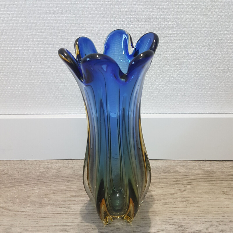 Vintage Blue & gold colored Sommerso Murano glass vase by Flavio Poli for Seguso, 1950s