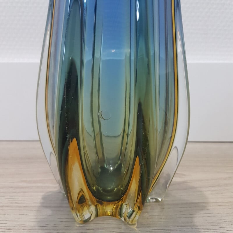 Vintage Blue & gold colored Sommerso Murano glass vase by Flavio Poli for Seguso, 1950s