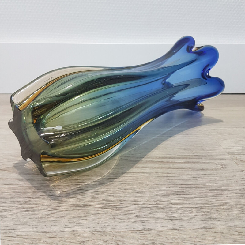 Vintage Blue & gold colored Sommerso Murano glass vase by Flavio Poli for Seguso, 1950s