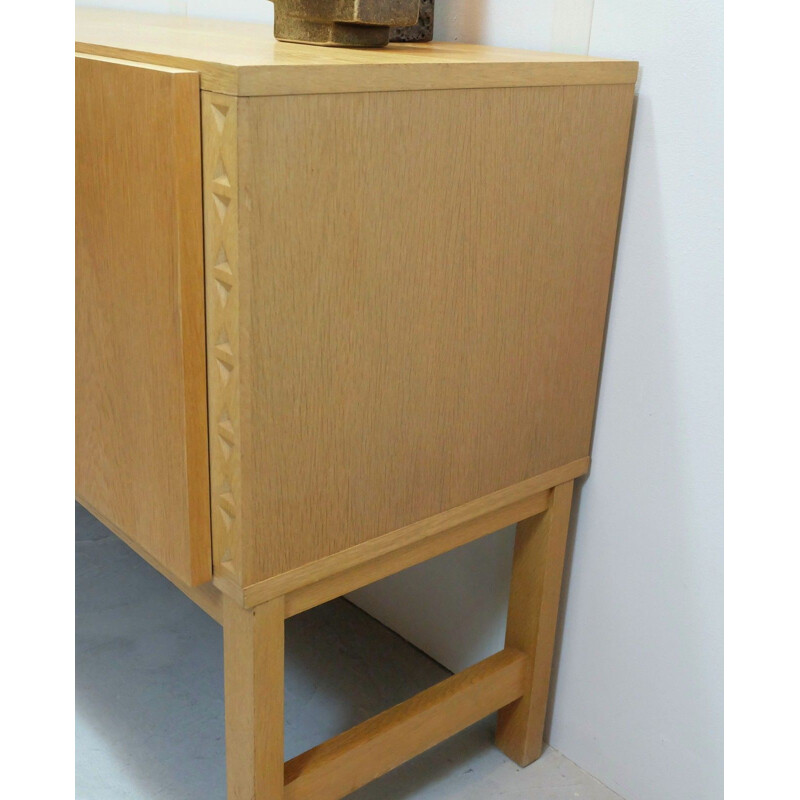 Vintage oak sideboard with carved cubic pattern - 1970s