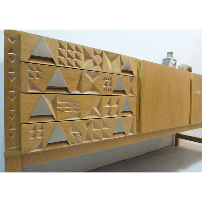 Vintage oak sideboard with carved cubic pattern - 1970s