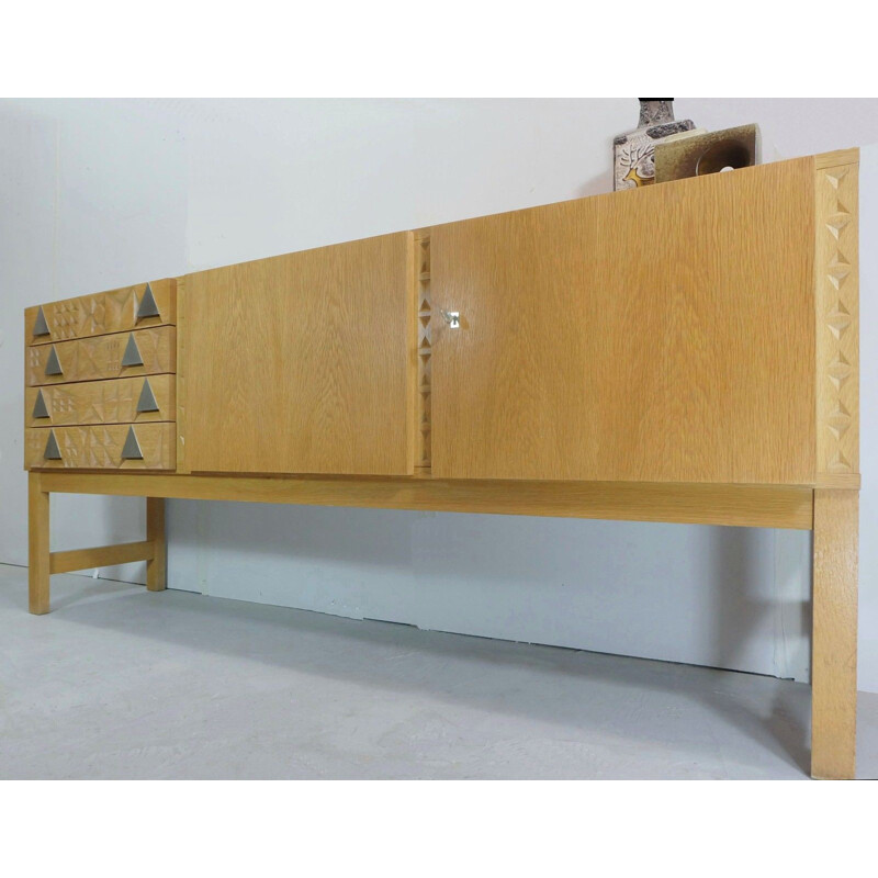 Vintage oak sideboard with carved cubic pattern - 1970s