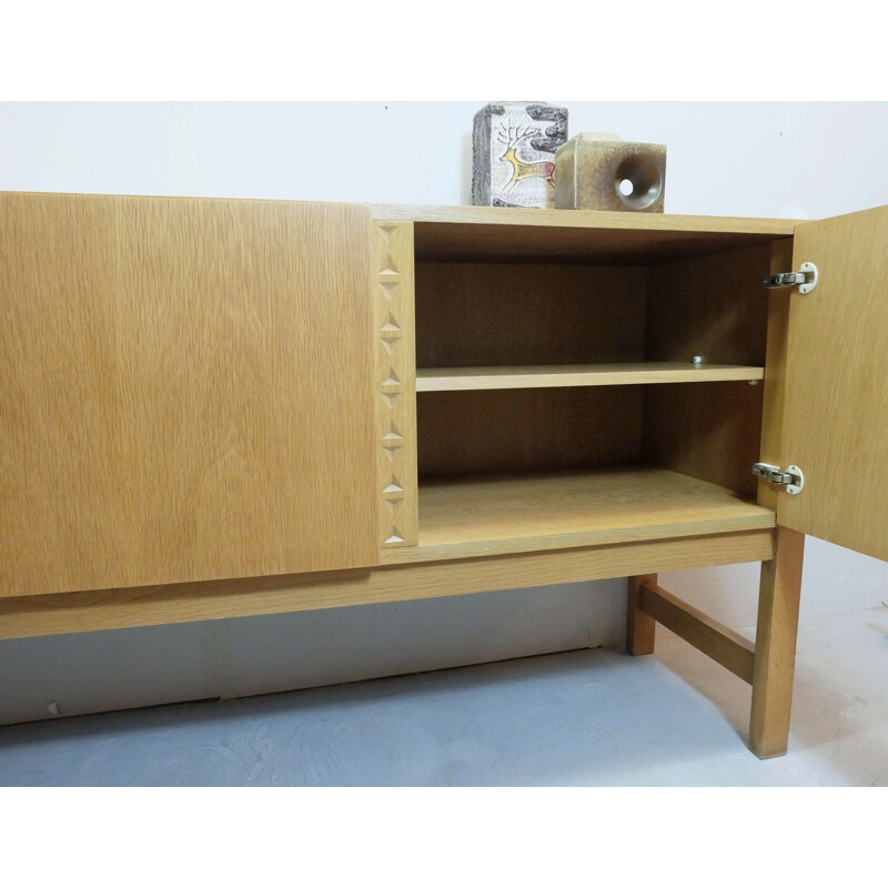 Vintage oak sideboard with carved cubic pattern - 1970s