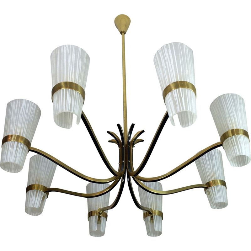 Vintage white chandelier in brass and glass - 1950s