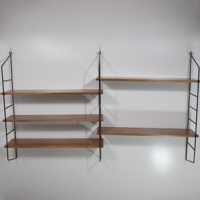 Etagère murale vintage double modulable bois, Tomado String scandinave 1960