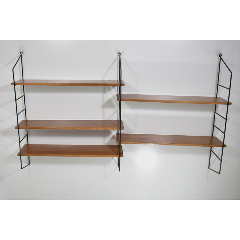 Vintage double modular wood wall shelf, Tomado Scandinavian String 1960