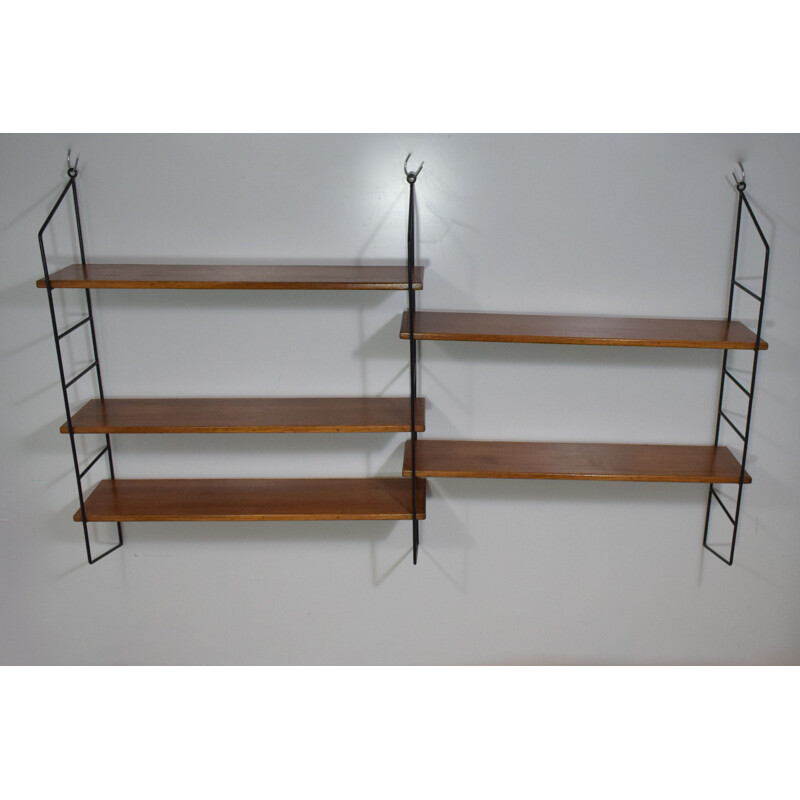 Vintage double modular wood wall shelf, Tomado Scandinavian String 1960