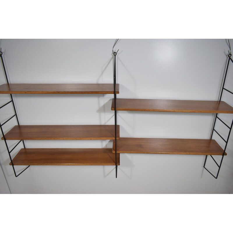 Vintage double modular wood wall shelf, Tomado Scandinavian String 1960