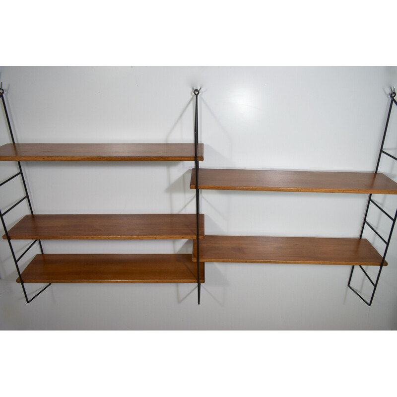 Vintage double modular wood wall shelf, Tomado Scandinavian String 1960