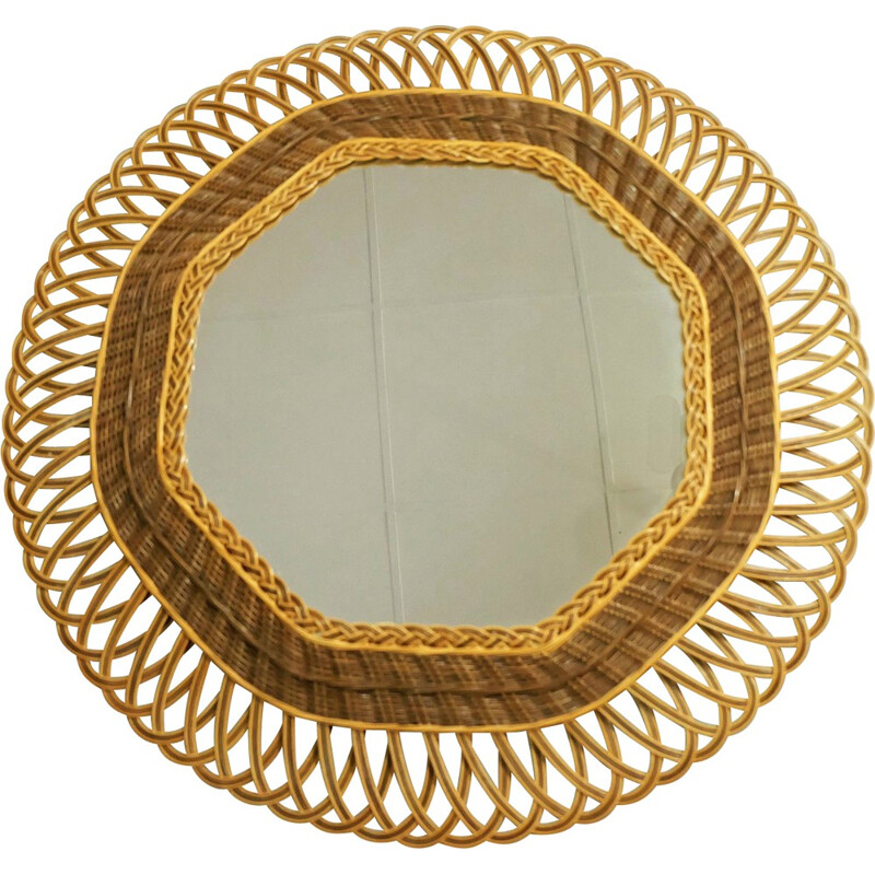 Octagonal rattan rim vintage mirror - 1960s