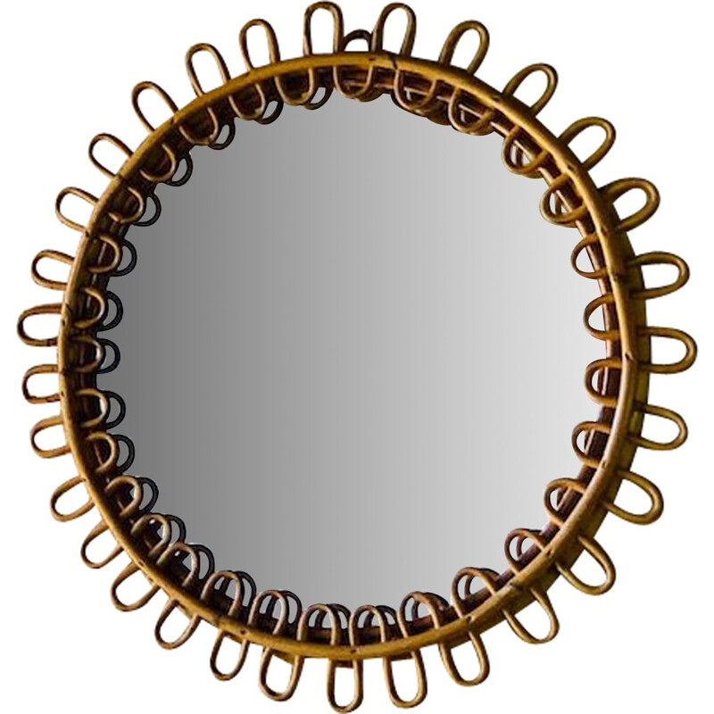 Mid-century round bamboo & rattan mirror, Italian 1960s