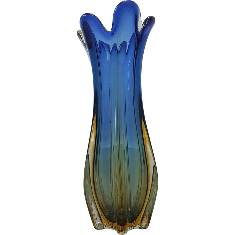 Vintage Blue & gold colored Sommerso Murano glass vase by Flavio Poli for Seguso, 1950s