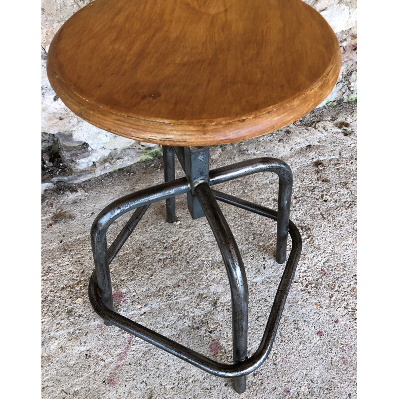 Tabouret vintage industriel a vis vintage bois et metal 1970