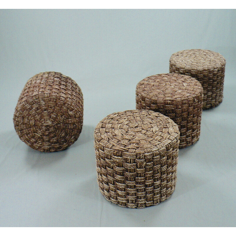 Set of 4 vintage wood and rope poufs 1950