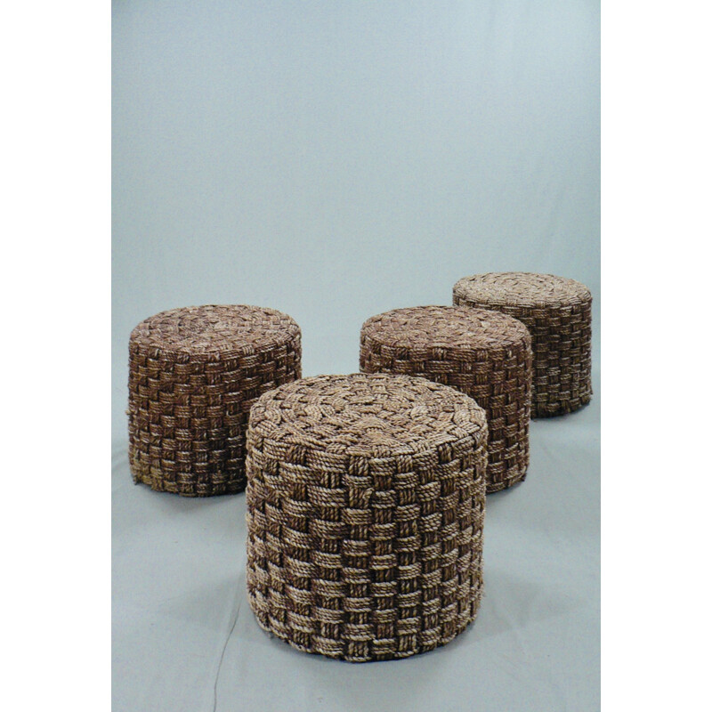 Set of 4 vintage wood and rope poufs 1950