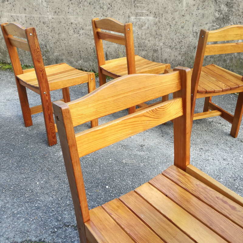 Set of 4 vintage pine chairs French 1970