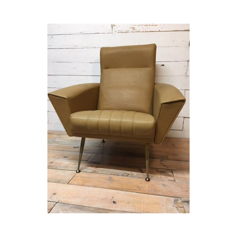 Fauteuil vintage Italien en skai jaune moutarde 1960