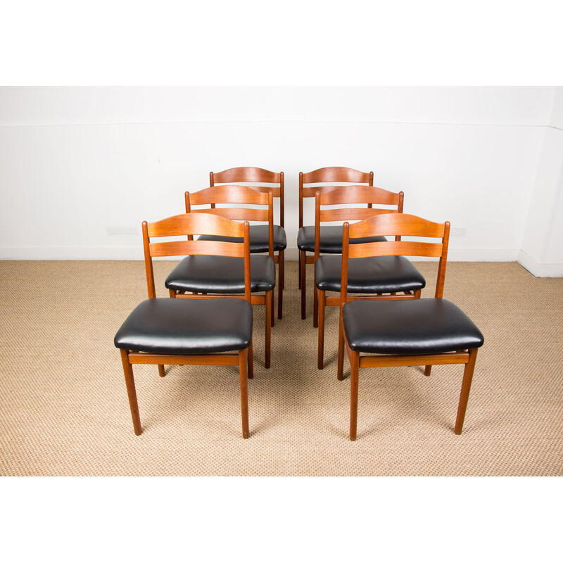 Suite of 6 Vintage Teak and Skai Chairs by Boltinge Stolefabrik Danes 1960