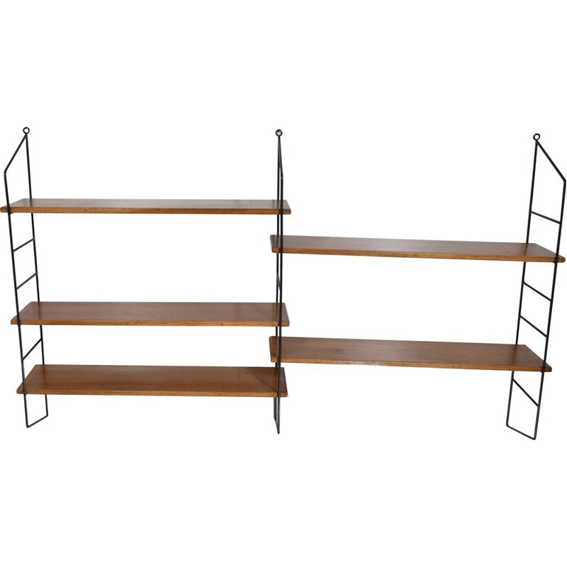 Vintage double modular wood wall shelf, Tomado Scandinavian String 1960