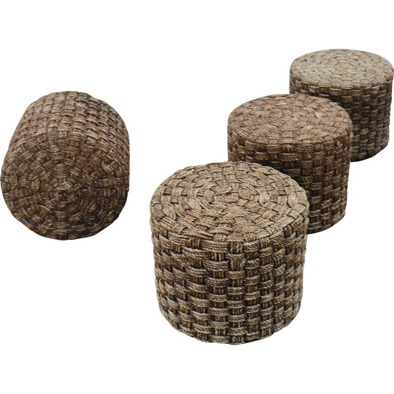 Set of 4 vintage wood and rope poufs 1950
