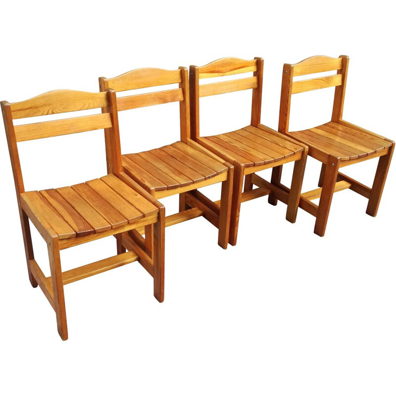 Set of 4 vintage pine chairs French 1970