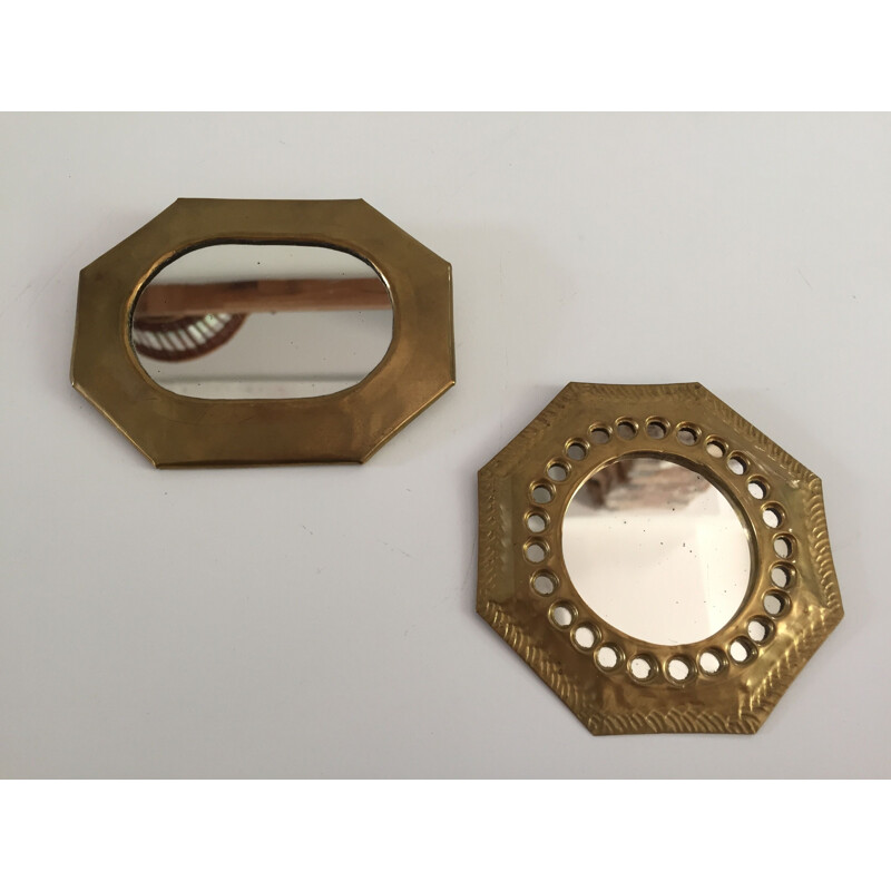 Duo of 2 Small Vintage Mirrors Brass