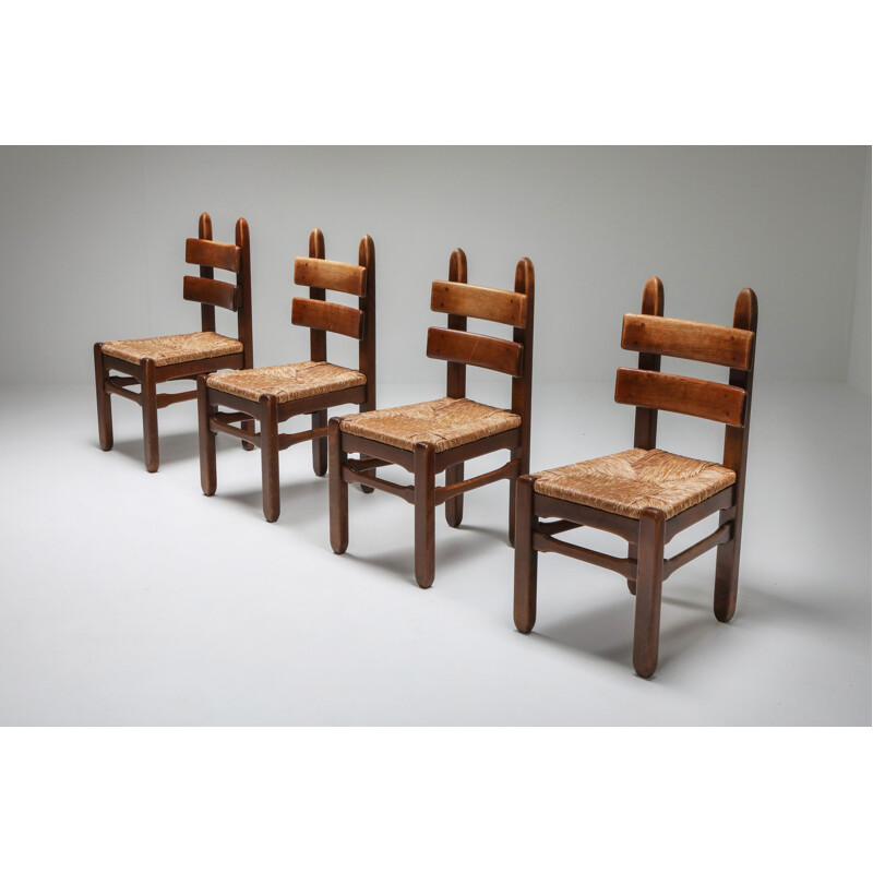 Set of 4 Rustic Modern Oak and Cord Chairs 1930s