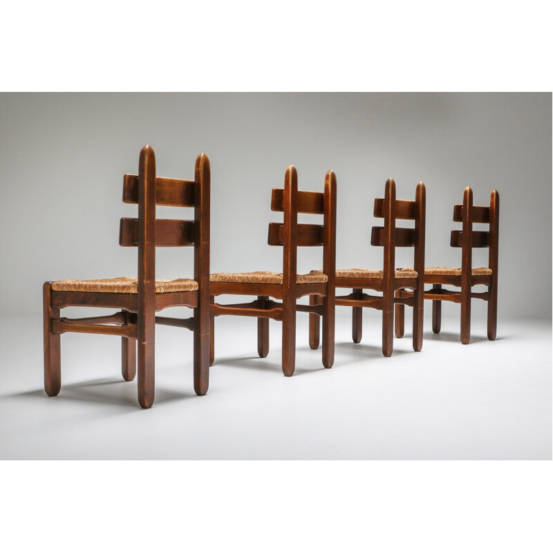 Set of 4 Rustic Modern Oak and Cord Chairs 1930s