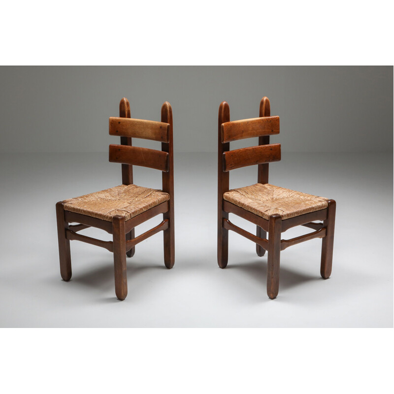 Set of 4 Rustic Modern Oak and Cord Chairs 1930s