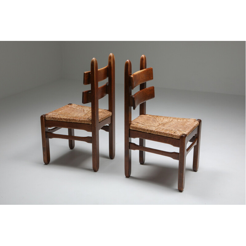 Ensemble de 4 chaises modernes rustiques en chêne et en corde 1930