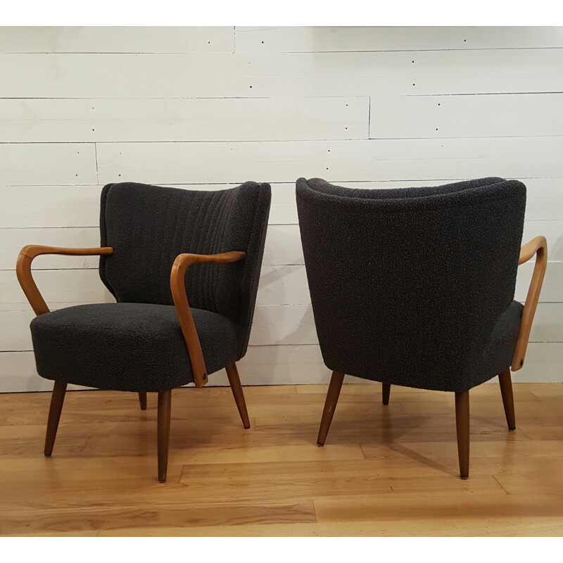 Pair of Scandinavian grey fabric and light wood armchairs - 1960s