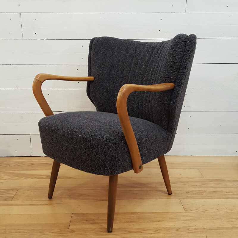 Pair of Scandinavian grey fabric and light wood armchairs - 1960s