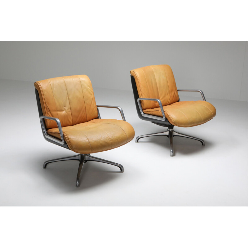 Vintage  Leather Lounge Chairs Saporiti Cognac 1970s