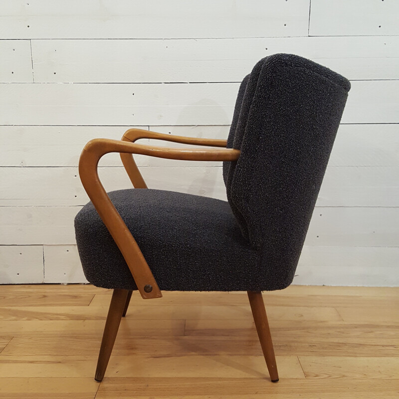 Pair of Scandinavian grey fabric and light wood armchairs - 1960s