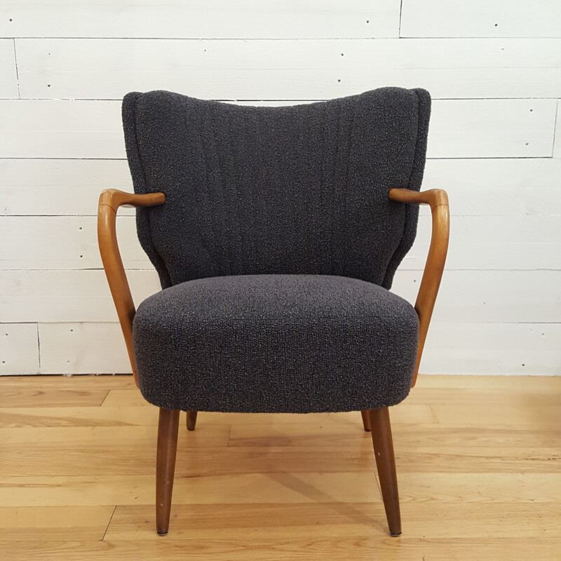 Pair of Scandinavian grey fabric and light wood armchairs - 1960s