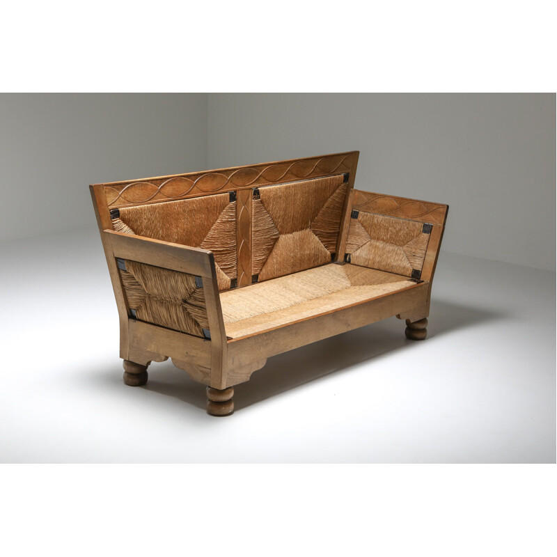 Banc de canapé vintage en chêne et paille Artisanat scandinave 1920