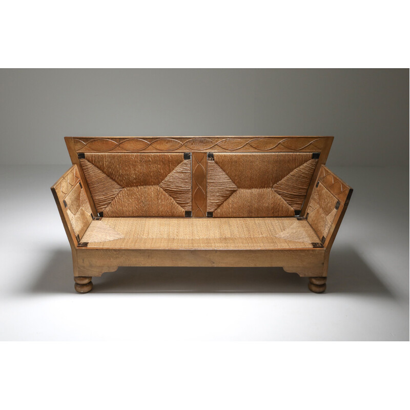 Vintage Sofa Bench in Oak and Straw Scandinavian Arts & Crafts  1920s