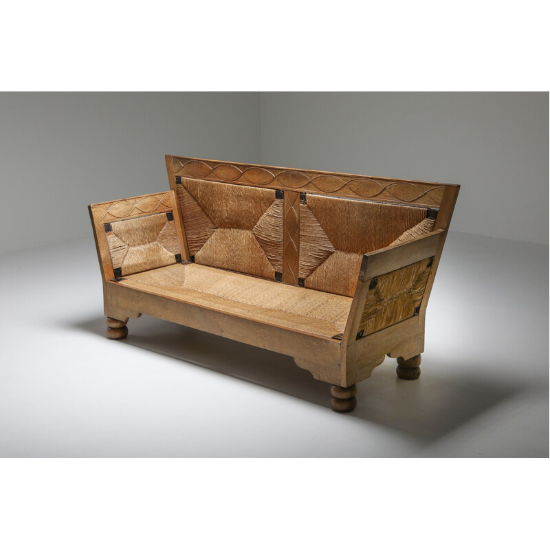 Vintage Sofa Bench in Oak and Straw Scandinavian Arts & Crafts  1920s