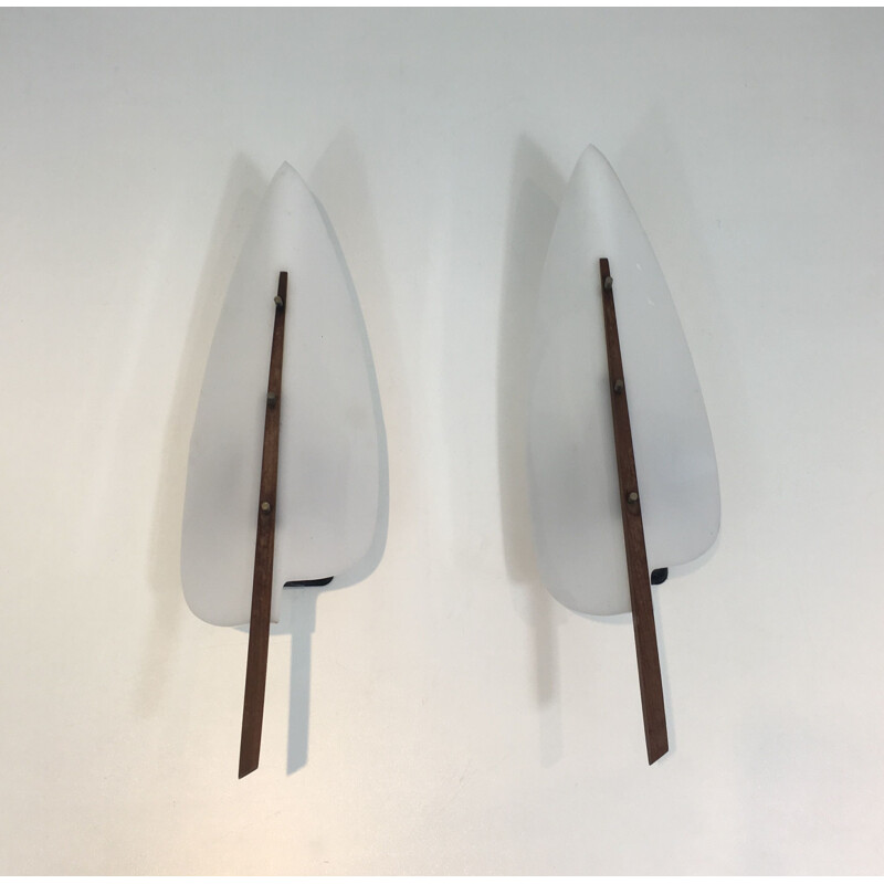 Pair of vintage white plastic and wood wall lamp, 1970