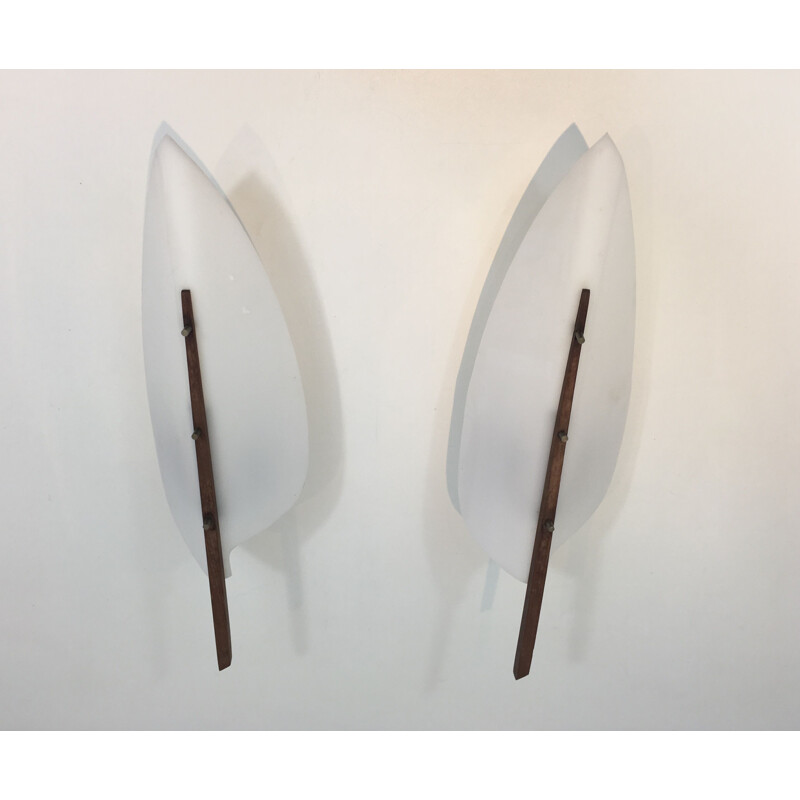 Pair of vintage white plastic and wood wall lamp, 1970