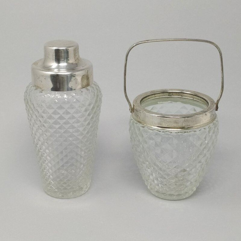 Ensemble de shaker à cocktail et de seau à glace vintage en cristal taillé Italie 1950