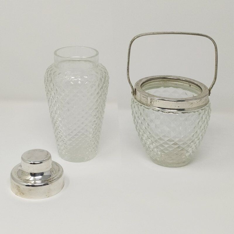 Mid-Century Cut Crystal Cocktail Shaker and Ice Bucket Set, Italian 1950s