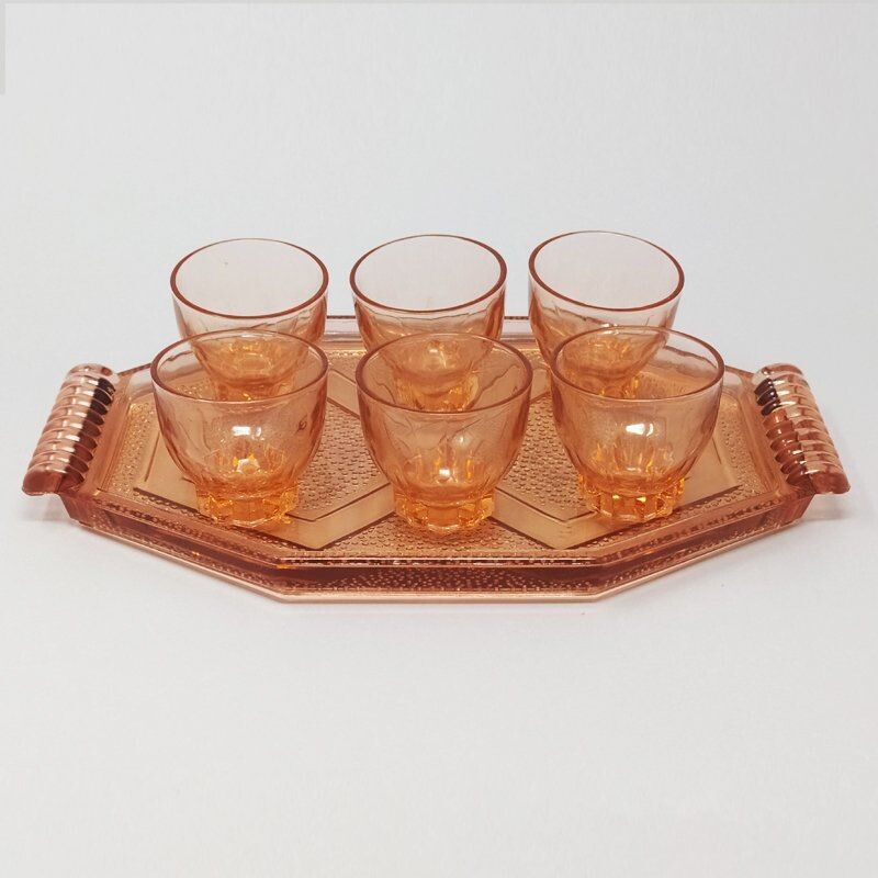 Set of 7 Vintage Art Deco Peach Pink Brandy or Whiskey Set, French 1930s