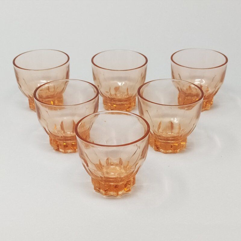 Set of 7 Vintage Art Deco Peach Pink Brandy or Whiskey Set, French 1930s