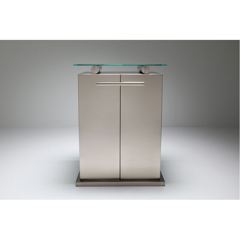 Vintage Cabinet with Floating Glass Top in Brushed Stainless Steel   Maison Jansen 1980s